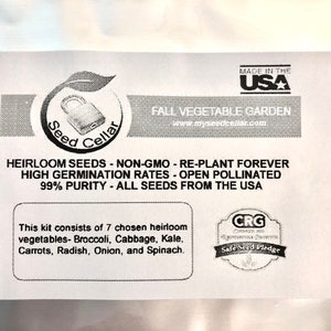 May include: A white label with black text and a logo for Seed Cellar. The label says "Fall Vegetable Garden" and "Heirloom Seeds - Non-GMO - Re-Plant Forever". It also says "High Germination Rates - Open Pollinated" and "99% Purity - All Seeds From The USA". The label also says "This kit consists of 7 chosen heirloom vegetables - Broccoli, Cabbage, Kale, Carrots, Radish, Onion, and Spinach."