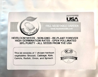 May include: A white label with black text and a logo for Seed Cellar. The label says "Fall Vegetable Garden" and "Heirloom Seeds - Non-GMO - Re-Plant Forever". It also says "High Germination Rates - Open Pollinated" and "99% Purity - All Seeds From The USA". The label also says "This kit consists of 7 chosen heirloom vegetables - Broccoli, Cabbage, Kale, Carrots, Radish, Onion, and Spinach."