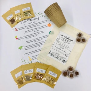 May include: A set of gardening supplies for starting a vegetable garden. The set includes a variety of seeds, peat pots, and a small burlap bag with the text "My Seed Cellar" printed on it. The text "My 1st Vegetable Garden" is also printed on the bag.