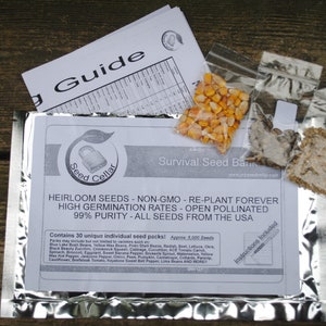 May include: A silver foil pouch containing a survival seed bank with 30 unique individual seed packs. The pouch includes a guide with the text "Seed Cellar" and "Survival Seed Bank". The text on the guide also states "Heirloom Seeds - Non-GMO - Re-Plant Forever - High Germination Rates - Open Pollinated - 99% Purity - All Seeds From The USA".
