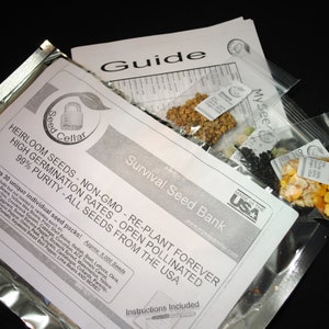 May include: A silver resealable bag containing 30 individual seed packets. The bag is labeled "Heirloom Seeds - Non-GMO - Re-Plant Forever" and "Survival Seed Bank". The bag also includes a guide with instructions. The seed packets are labeled with the type of seed, such as "Corn, Yellow D".
