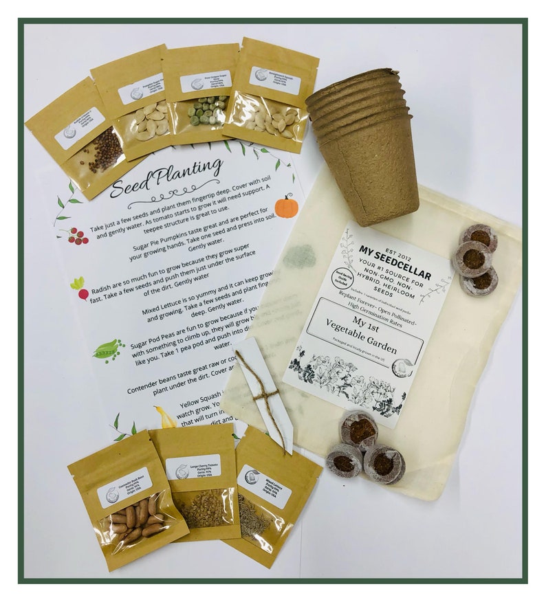 May include: A set of gardening supplies including seed packets, peat pots, and a small wooden stake. The seed packets are labeled with the names of different vegetables, such as Sugar Pie Pumpkins, Yellow Squash, and Mixed Lettuce. The text on the bag reads "My 1st Vegetable Garden, EST 2012, MY SEEDCELLAR, YOUR #1 SOURCE FOR NON GMO NON HYBRID, HEIRLOOM SEEDS".