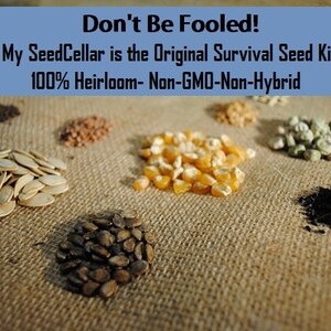 May include: Various seeds, such as pumpkin and corn, are arranged on a hessian surface. A blue banner displays the text: "Don't Be Fooled! My SeedCellar is the Original Survival Seed Kit! 100% Heirloom- Non-GMO-Non-Hybrid."