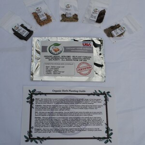 Peut inclure: Un sachet en feuille d'aluminium argent&eacute; de graines d'herbes biologiques avec une &eacute;tiquette indiquant "Seed Cellar Organic Herb Garden" et listant cinq herbes diff&eacute;rentes : Basilic, Aneth, Origan, Persil et Coriandre. Le sachet comprend &eacute;galement une petite carte avec un guide de plantation pour chaque herbe.