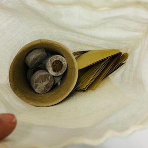 May include: A white cloth bag with a brown paper envelope and a small paper cup containing several round, brown, compressed soil discs.