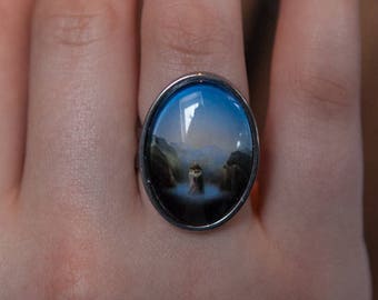 Art Ring, stainless steel jewelry with art reproduction and 18x25mm glass cabochon
