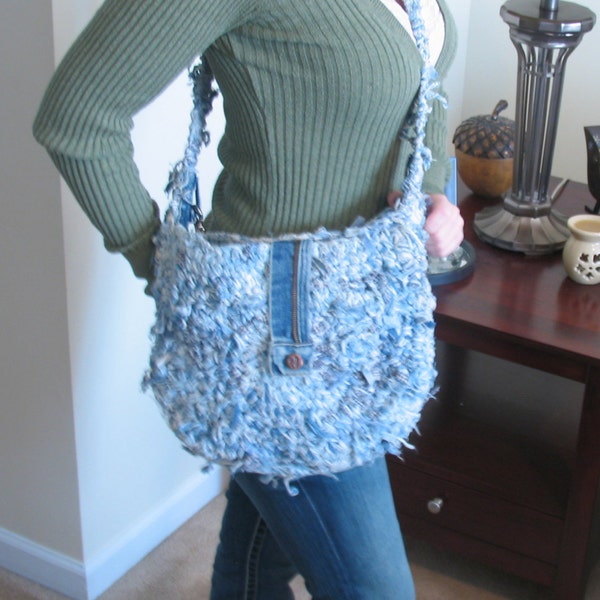 Purse Crocheted Recycled Blue Jean Hobo bag with lots of inside Pockets  Free shipping Coupon Code:  shpoff