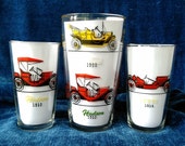 Antique Car Hazel Atlas Old Timers Car Cocktail Mixer and Tumblers 3 piece Gay Fad Studios Old Autos Pattern