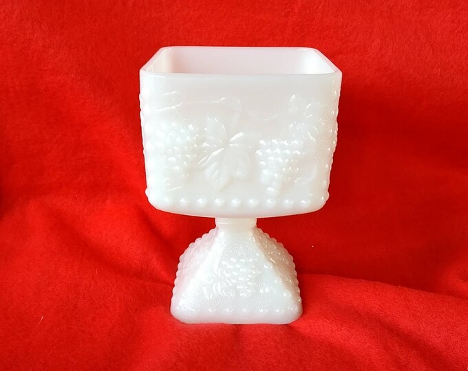 Milk Glass Square Pedestal Planter Harvest Grape Compote Candy Dish