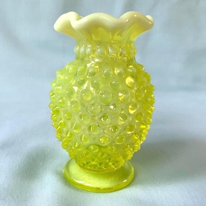 Vaseline Glass Vase Hobnail Opalescent Glass Yellow-Green Vase Depression Glass Vase 3 3/4&quot; tall