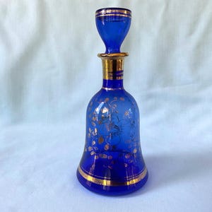 Cobalt Blue Empoli Bottle Gold Gilt Design and Blue Decanter Rossini Glass Italy