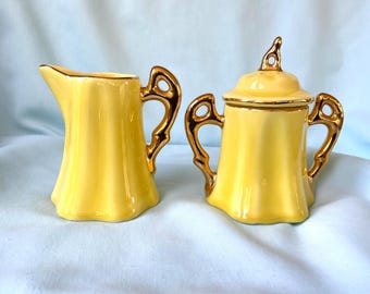 Yellow Sugar Bowl and Creamer Nor-So Suqar and Creamer Hand Painted 22 KT Gold