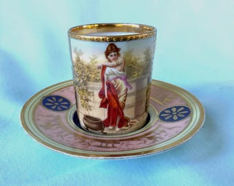 Royal Vienna Porslinskopp och fat Demitasse kopp och fat Der Sommer Blå med guldförgylld