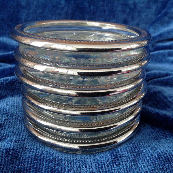 Silver and Glass Coasters Set of 6 Silver plate Coasters