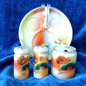 Mustard Jar, Salt, Pepper Condiment Set Asian Design Salt, Pepper, Sugar or Jam Jar Condiment Set With Serving Plate
