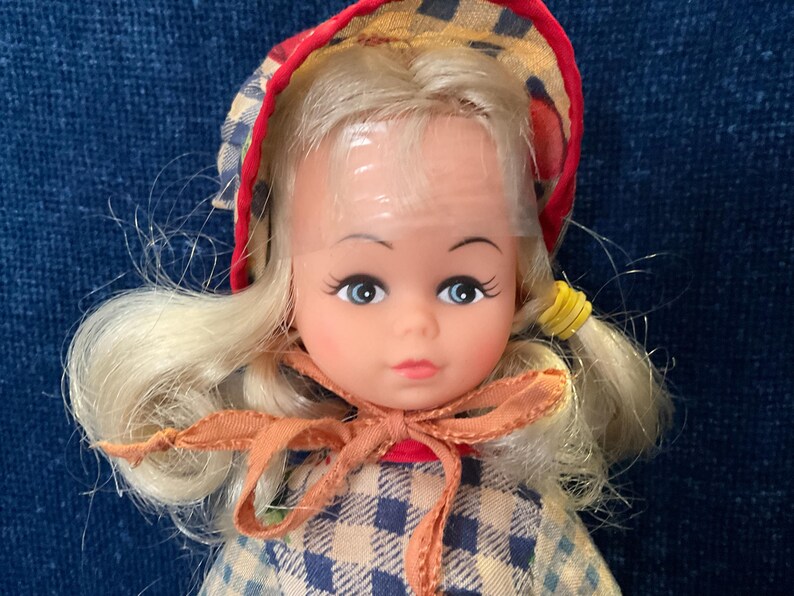May include: A vintage doll with blonde hair styled in pigtails, blue eyes, and a red and checkered bonnet. The doll wears a checkered dress and a bow around its neck. A classic toy.