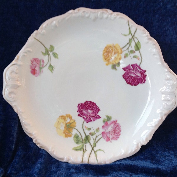 Limoges Large Rose Cake Plate Platter T & V Tressemann and Vogt Sandwich Tray Red Rose Floral Platter 13" x 14 1/2"