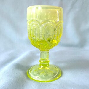 Vaseline Glass Wine Glass Moon and Stars Opalescent Glass Yellow-Green Depression Glass L.G. Wright Glass 2 ounce