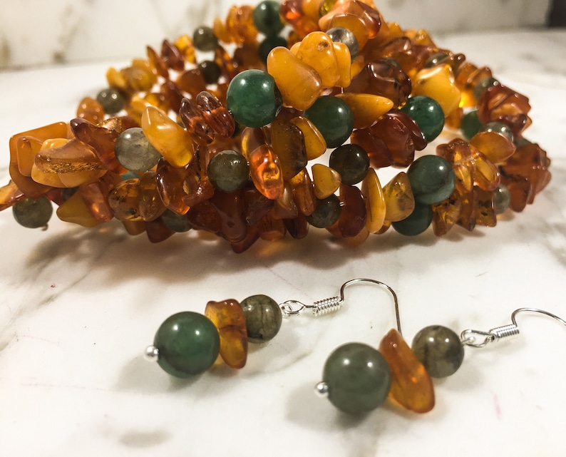Reiki Charged Labradorite /& Amber Bracelet Earring Set .: Emerald One of a Kind Healing Stones