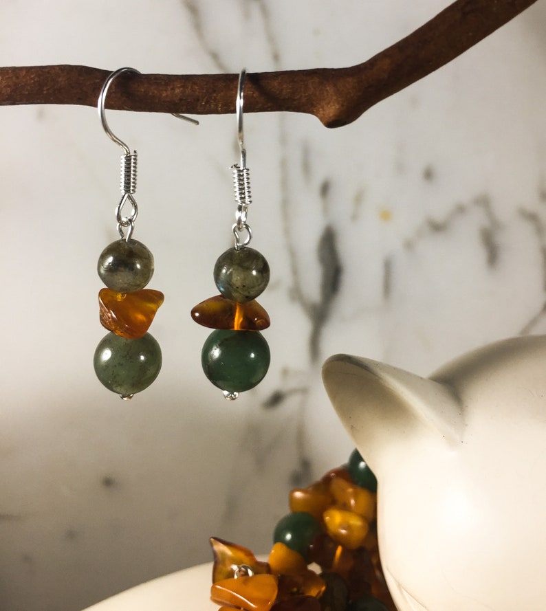 Reiki Charged Labradorite /& Amber Bracelet Earring Set .: Emerald One of a Kind Healing Stones