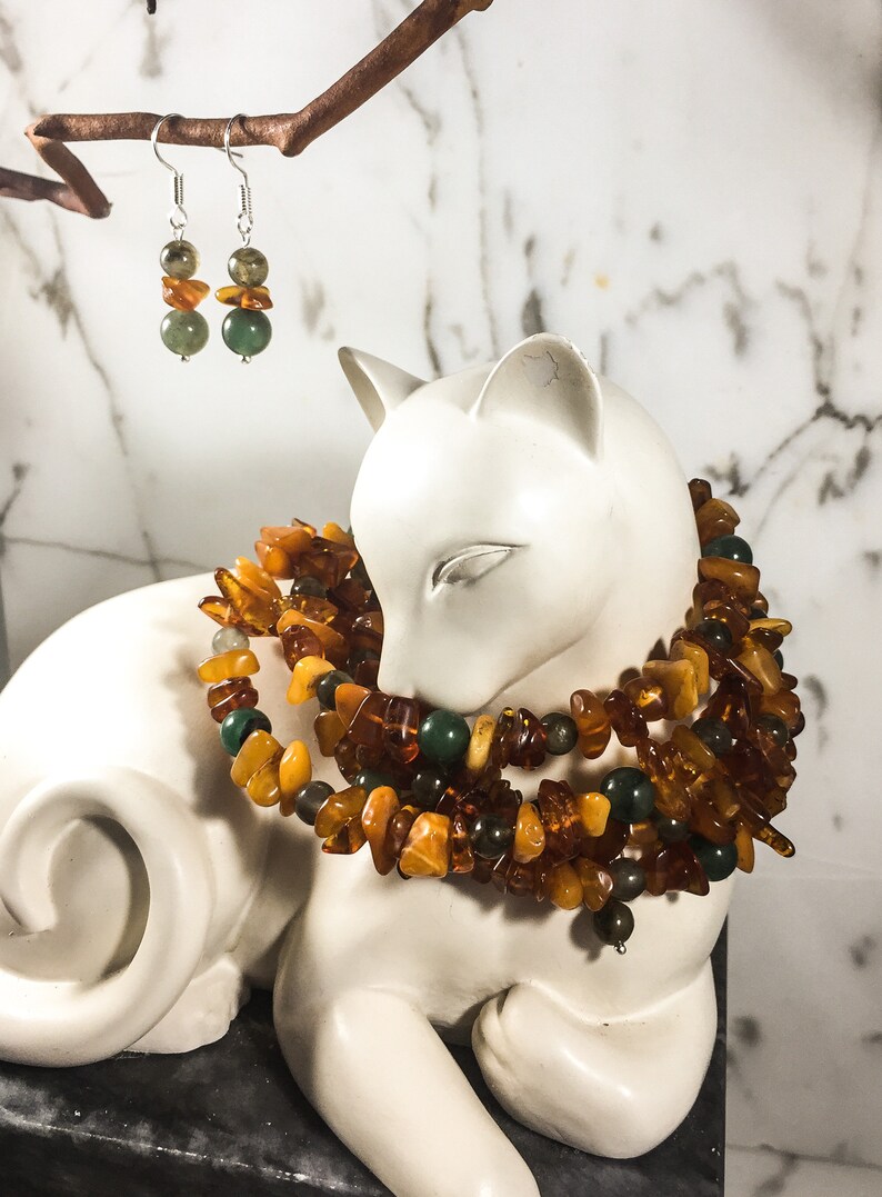 Reiki Charged Labradorite /& Amber Bracelet Earring Set .: Emerald One of a Kind Healing Stones