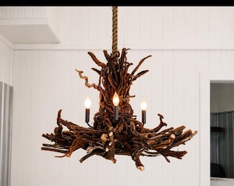 Handmade Driftwood Branch Chandelier, Farmhouse Coastal Light Fixture, Large Wood Ceiling light Fixture