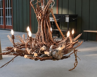 Handmade Driftwood Branch Chandelier, Farmhouse Coastal Light Fixture, Large Wood Ceiling light Fixture 40 in