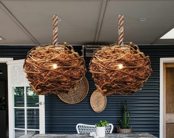 Rustic Round Wooden Pendant Light | 30 inch | Natural Farmhouse Ball Chandelier