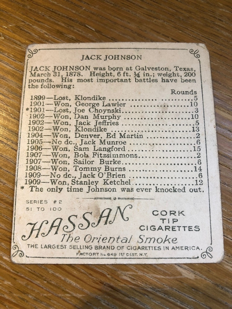 Vintage 1910 Jack Johnson Hassan Tobacco Boxing Card