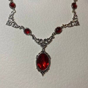 REGAL Filigree VICTORIAN Style Rich Red Acrylic Crystal Stones Silver Plated Metal Collar Necklace. Set also listed choice of earring