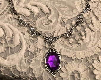 CHARLOTTE Filigree VICTORIAN Style Purple Acrylic Crystal Silver Plated Metal Necklace. Set also listed with choice of earring sizes