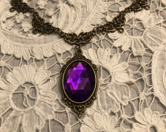 CHARLOTTE Filigree VICTORIAN Style Purple Acrylic Crystal Dark Gold ( Bronze) Plated Metal Necklace. Set also listed