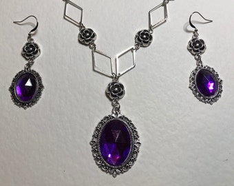 12 colours .. Victorian Style - DIAMOND ROSE SET long earrings-  Acrylic Crystal Stones & Dark Silver Plated Metal Necklace Earrings Set
