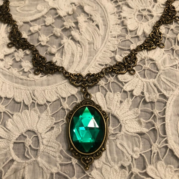 CHARLOTTE Filigree VICTORIAN Style Emerald Green Acrylic Crystal Dark Gold ( Bronze) Plated Metal Necklace. ... Set also listed