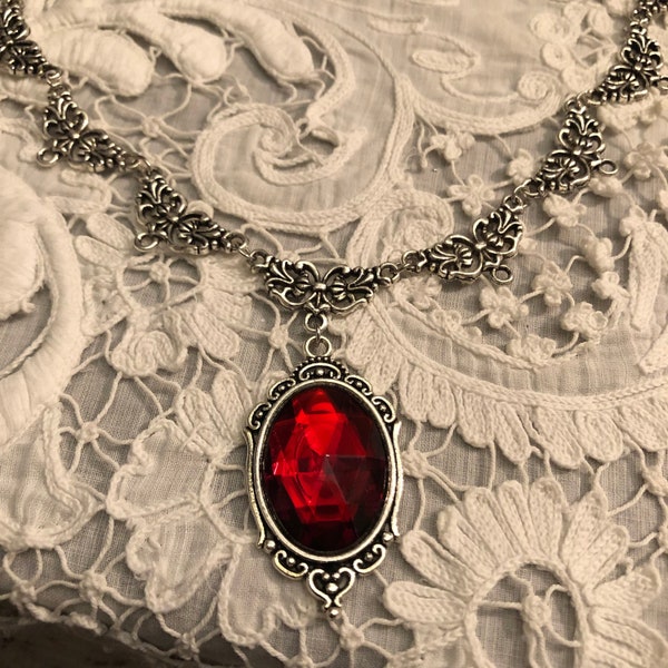 CHARLOTTE Filigree VICTORIAN Style Red Acrylic Crystal Silver Plated Metal Necklace. Set also listed with choice of earring sizes