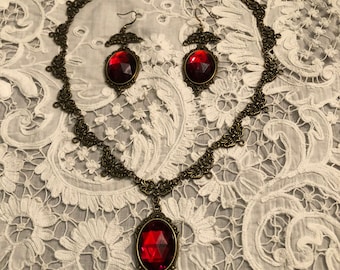 CHARLOTTE Filigree VICTORIAN Style bright Red BRONZE Plated Metal Necklace & Earrings Set .. Long or Short Earrings