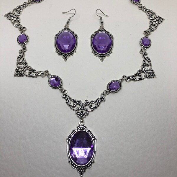 REGAL Filigree VICTORIAN Style Lilac Purple Acrylic Crystal & Silver Plated Metal Necklace SET Choose Large, Slender or Small Earrings