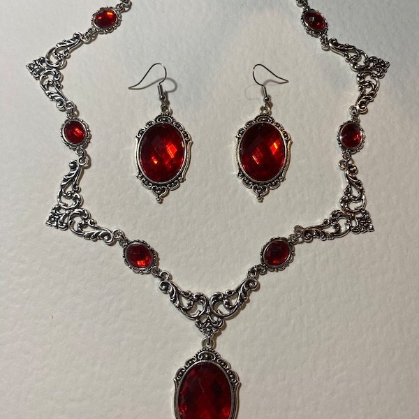 REGAL Filigree VICTORIAN Style Rich Red Acrylic Crystal & Silver Plated Metal Necklace SET Small and Slender earrings also available instead
