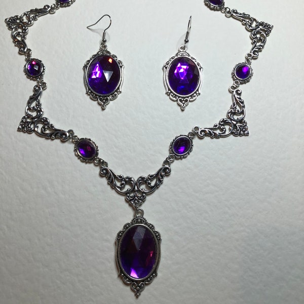REGAL Filigree VICTORIAN Style Purple Acrylic Crystal & Silver Plated Metal Necklace SET Small and Slender earrings also available instead.