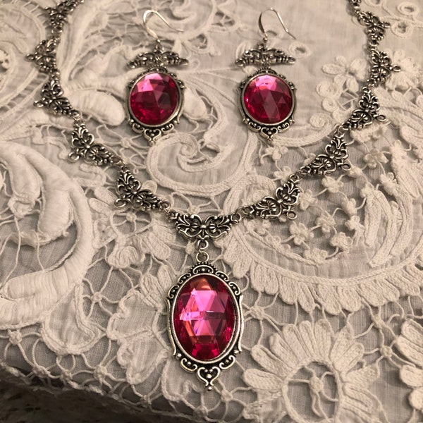 CHARLOTTE Filigree VICTORIAN Style Hot Rose Pink Acrylic Crystal Silver Colour Metal Necklace Earrings Set ..Choose Long or shorter earrings