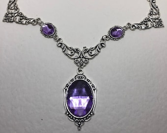 REGAL Filigree VICTORIAN Style Lilac Purple Acrylic Crystal Stones Silver Plated Metal Collar Necklace...Set also listed choice of earrings