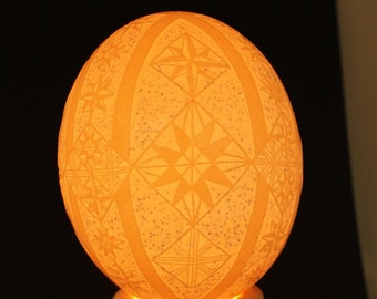 Stars on Ostrich Etched Egg Shell Night Light, Pysanky, Ukrainian Easter Egg, Etched Egg Shell