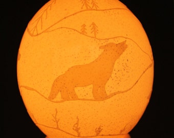 Howling at the Moon Ostrich Etched Egg Shell Night Light, Pysanky, Ukrainian Easter Egg, Etched Egg Shell