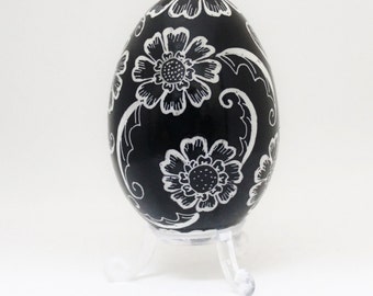 MADE TO ORDER Pysanky, Black and White Flowers on Black, Ukrainian Egg Art, Batik