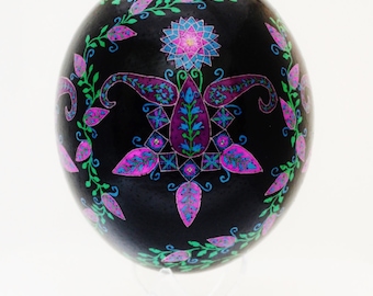 Pysanky, Pink Folk Flowers on Black, Ostrich Egg, Ukrainian Egg Art, Batik