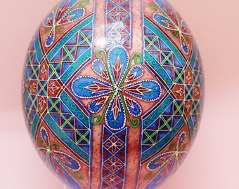 MADE TO ORDER Folk Flowers in Blue Ostrich Egg, Pysanky, Ukrainian Easter Egg, Batik