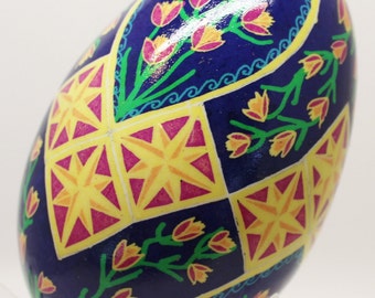 Made-to-Order Yellow Tulips on Royal Purple Pysanky on Goose Egg.