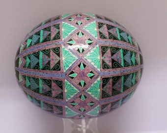Grecian Tiles on Ostrich Egg Shell, Pysanky, Ukrainian Easter Egg, Batik