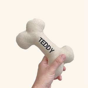 Personalized Cream Dog Toy: Durable Wool Blend Bone, Squeaky Pet Gift