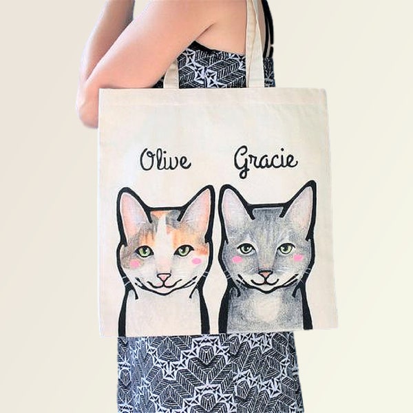 Sac fourre-tout personnalisé pour animal de compagnie. Cabas en toile écologique. Portraits personnalisés de chat et de chien.